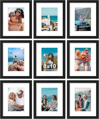 Vittanly 8x10 Picture Frames Set of 9, Shatter Resistant Plexiglass, Display 5x7 Pictures with Mat or 8x10 without Mat, Photo Frames for Wall or Tabletop, Engineered Wood, Black