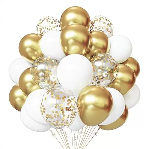 White and Gold Confetti Latex Balloons, 50 Pack 12 inch gold and white Party Balloons with Ribbons for Birthday Graduation Wedding Bridal Shower Party Decoration