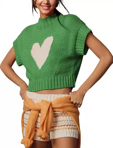 Women Cap Sleeve Sweater Vest Cute Heart Print Mock Neck Sweaters Knitted Pullover Tank Tops Valentine