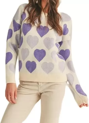 Women Heart Print Knit Pullover Sweater Long Sleeve Round Neck Love Pattern Sweaters Trendy Valentine Knitted Sweater