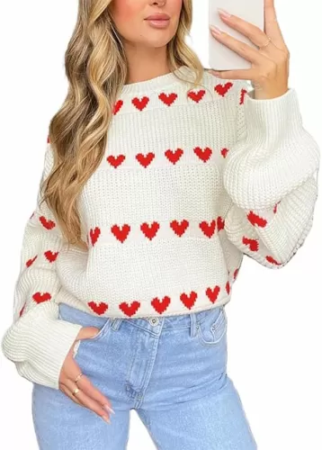 Women Heart Print Sweaters Crewneck Loose Fit Knit Pullover Casual Sweater Tops