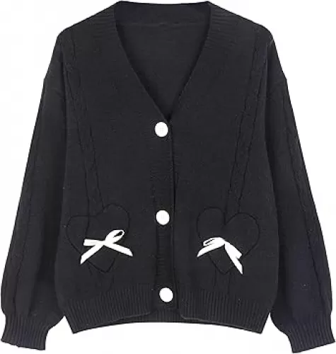 Women Kawaii Sweater Cardigan with Cute Bowknot and Heart S-2XL