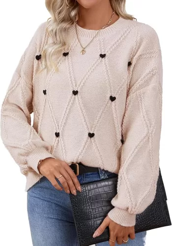 Womens Cute Heart Pattern Lightweight Thin Ribbed Knit Argyle Pullover Sweater Spring 2025