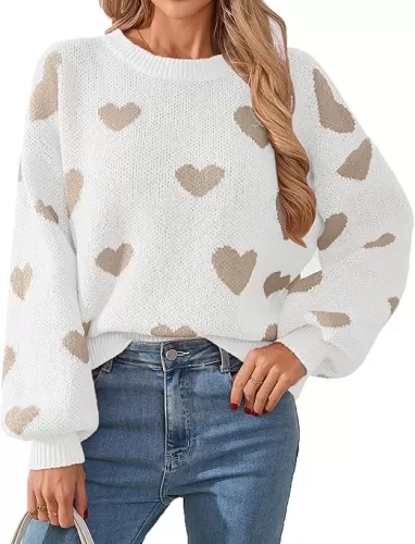 Womens Oversized Cute Heart Sweater Spring 2025 Dressy Casual Ribbed Knit Crew Neck Pullover Tops