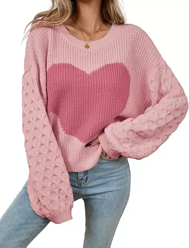 Womens Oversized Cute Heart Sweater Spring 2025 Lightweight Crewneck Cable Knit Sleeve Pullover Top