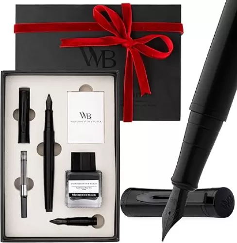 Wordsworth & Black Fountain Pen Set, 18K Gilded Medium and Extra Fine Nib, 25ML Black Ink Bottle, 6 Ink Cartridges, Refill Converter, Gift Box, Smooth Writing Pens [All Black], Gift Set for Men and Women