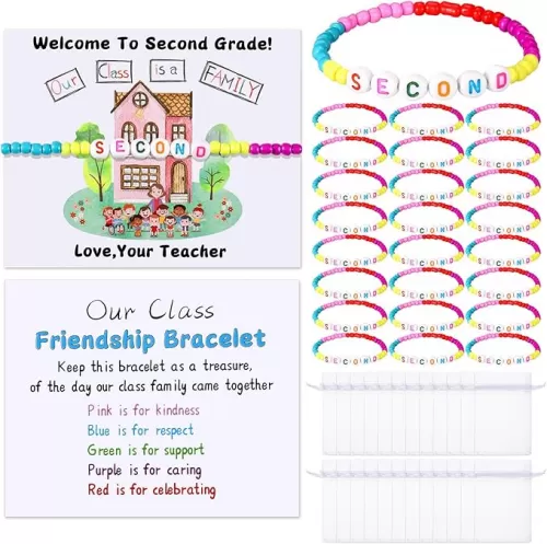 XunYee 24 Sets Back to School Gifts for Student Include Our Class Is a Family Greeting Card and First Day of School Bracelet with Bags Letter Bracelet for 1st Day of Classroom (Second Grade)