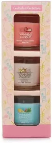 Yankee Candle Cocktails & Confections 3 Candle Gift Set with a White Strawberry Bellini, a Vanilla Creme Brulee, and a Bahama Breeze Mini Candles