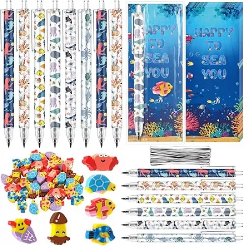 Yexiya 48 Sets Happy to Sea You Back to School Gifts - Under The Sea Summer Mechanical Pencils with Ocean Animal Erasers and Cards for Students Kids Classroom Decor First Day of School Party Supplies