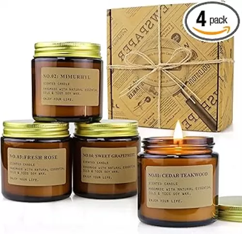 YFYTRE 4 Pack Scented Candle Set Soy Wax Candles, Aromatherapy Candles for Home Decoration, Jar Candles Gift for Women Mother with Amber Glass Jars and Kraft Wrapping