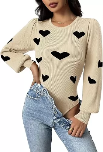 Zeagoo Women 2025 Long Puff Sleeve Sweater Fall Slim Fit Pullover Tops Crewneck Ribbed Knit Bodysuit Jumpsuit S-XXL