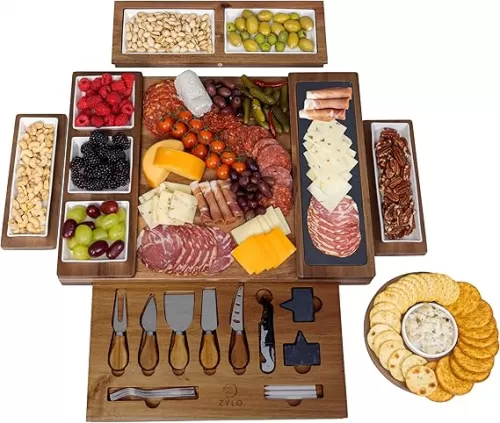 ZYLO Charcuterie Boards Gift Set – Large Acacia Wood Cheese Board, Slate Cutting Board, Ceramic Dishes & Knife Set - Removable Magnetic Serving Trays