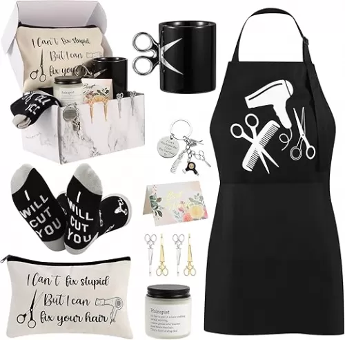 10 Pieces Hairdresser Gifts Set for Women Hair Stylist Appreciation Gift Set with Tumbler, Socks, Makeup Bag, Keychain, Candle, Scissor Hair Clips, Apron, Greeting Card (Mug Cup)