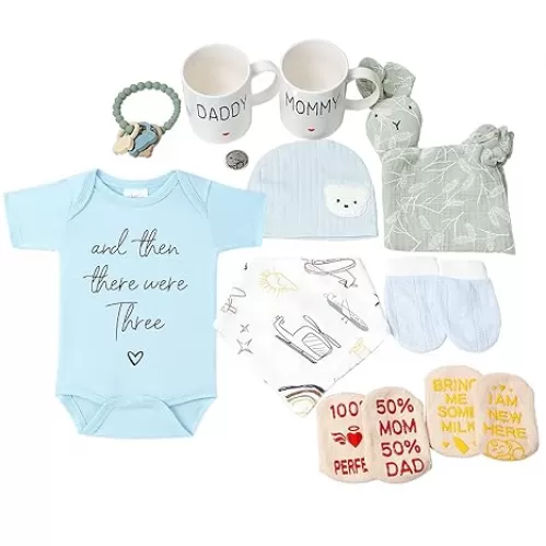 11Pcs New Mom Gifts for Women, Pregnancy Gift Set for First Mon, Baby Shower Basket for Expecting Parents, Gender Reveal Gifts with Mom and Dad Mug Cup Set (Blue)