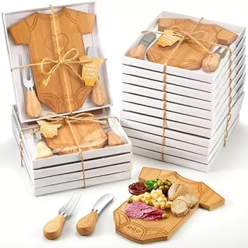 12 Set Baby Shower Gifts for Guests Clothing Shaped Charcuterie Board Set Thank You Tags with Box Mini Cheese Board Party Favors for Gender Reveal Favors Baby Shower Game Prizes (Bamboo Color)