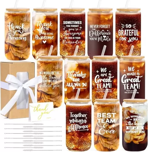 12 Set Employee Appreciation Gifts Bulk, Thank You Gifts for Coworker Staff Teacher Nurses Team, 16oz Can Shaped Beer Glass Cups Gift Box with Card for Women Men, Teacher