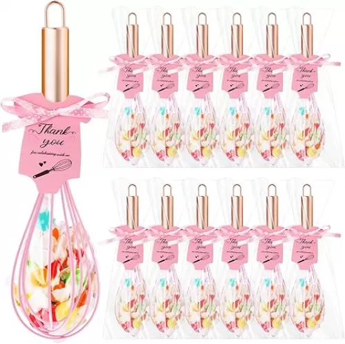 12 Sets Baby Shower Prizes for Guests Gift 10 Inch Stainless Steel Whisk with Ribbons Thank You Tags Hand Egg Mixer for Baby Shower Baking Gift Gender Reveal Wedding Bridal Favors(Pink)