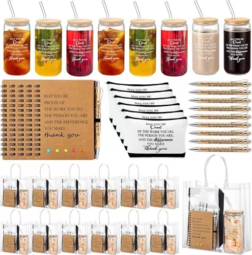 12 Sets Employee Appreciation Gifts Bulk Glass Cup Inspirational Makeup Bag Pen Notebook and Bag for Back to School Housekeeping Week Teacher Volunteer Staff(May You Be Proud)