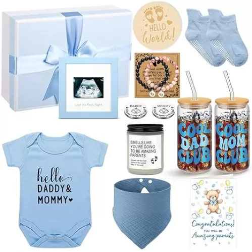 13 Pcs New Mom Gifts for Boys Baby Shower Basket Gift Pregnancy New Parents Basket Gift for Couples Gender Reveal Gifts with Mom and Dad Baby Showers Care Package for First Time Moms