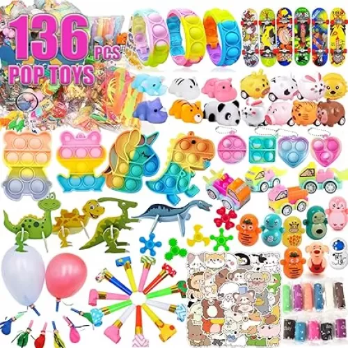 136 Pcs Pop Kids Party Favors Toys Bulk, 5-in-1 Classroom Prize Box for 4-10 Ages Boys Girls, Carnival Treasure Box Stuffers Fidget Pop Its, Arts & Educational Toys Goody Bag Fillers, Pinata Stuffers