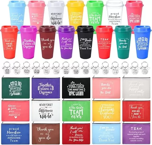 15 Set Appreciation Gifts Bulk Thank You Cups for Employee 16 oz Inspirational Plastic Tumblers with Lids Keychains and Makeup Bags for Coworker Staff(Grateful)