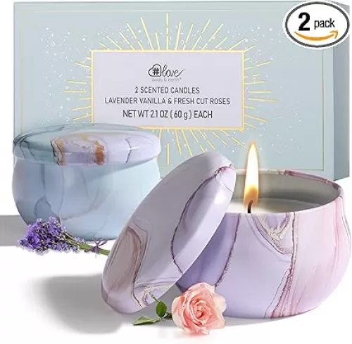 2-Pack Soy Candles Gift Set - Lavender, Vanilla, Rose Scents in Portable Tin Jars - for Home, Travel, Spa