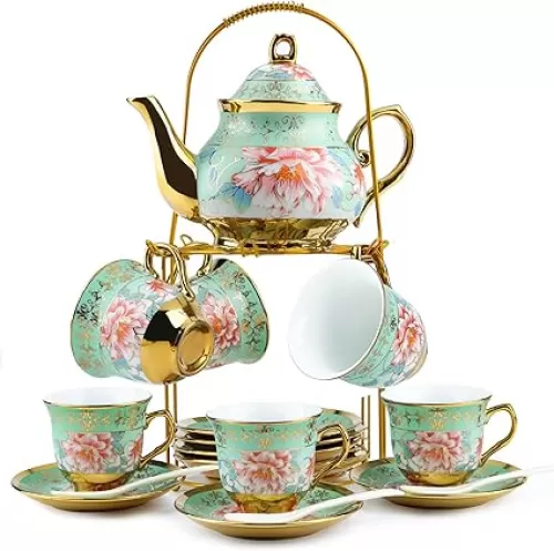 20 Pcs Porcelain Tea Set with Metal Holder, Adult Ceramic Tea Party Set Service for 6, Flower Tea Set, Vintage Tea Set, Tea Gift Sets for Home&Party