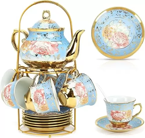 20 Pcs Porcelain Tea Set with Metal Holder, Adult Tea Set Gift, European Ceramic Tea Set for Adults, Flower Tea Cup Saucer Set for Party With Gold Flower Painting (Serene Blue)