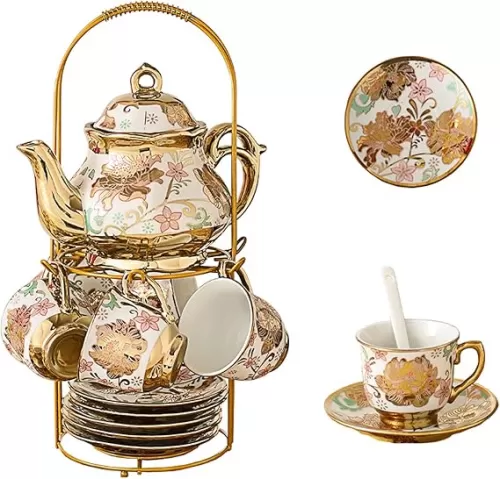 20 Pcs Porcelain Tea Set With Metal Holder, European Ceramic Tea Set for 6, Beautiful Tea Cup Gift Sets for Home&Party (Gold)