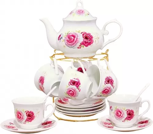 20-Pieces Porcelain Tea Sets For Women, Tea Set For Adult with Golden Metal Rack, Tea Gift Sets for Home&Party(014)