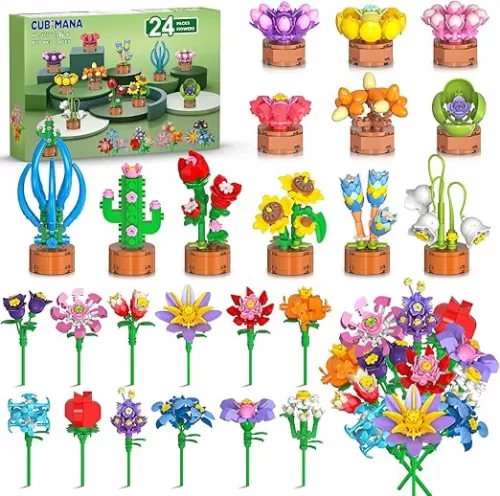 24 Pack Flowers Party Favors for Kids Building Set - 827PCS Succulents 3.6MM Mini Building Blocks Toy for Easter Basket Stuffers, Classroom Prizes, Mother