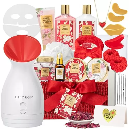 27 Pcs Bath and Body Gifts Basket Set - Rose Spa Gifts Set Skin Care Set for Women, Gift Baskets Set for Mothers Day Mom | Perfect Gifts for Christmas, Birthday, Valentines Day All Occasion Present