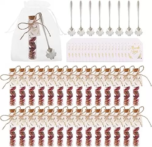 28 Sets Tea Party Favors Bulk, Rustic Wedding Favors for Guests with 4.13'' Glass Tea Jars, Silver-Colored Stainless Steel Teaspoons, Gift Tags, Organza Bags, and Rope, Thank You Gift Set