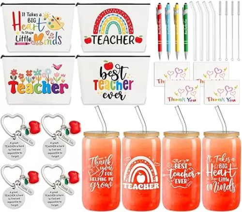 28Pcs Teacher Appreciation Gift Set with Glass Cup Keychains Zipper Bag Pen Greeting Card for Men Women Birthday Back to School Thank You Graduation Retirement Gifts Bulk from Students