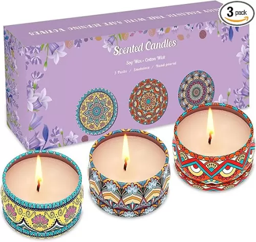3 Pack Home Scented Candles - Strong Lavender, Bluebell & Mandarin Candle, 2.5 Oz, 100% Soy, Non-Toxic, Small Candle Set for Aromatherapy & Gifts, Prizes for Adults, Baby Shower Prizes