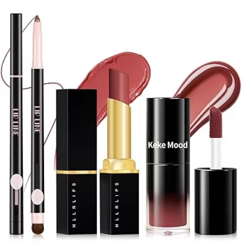 3Pcs Lip Liner Lip Gloss Lipstick Kit, Nude Pink Lip Combo Set with Matte Velvet Lip Stick Glossy Lip Oil Brown Lip Pencil Plumping Moisturizing Non-stick Gradual Lip Makeup Gift #Nude