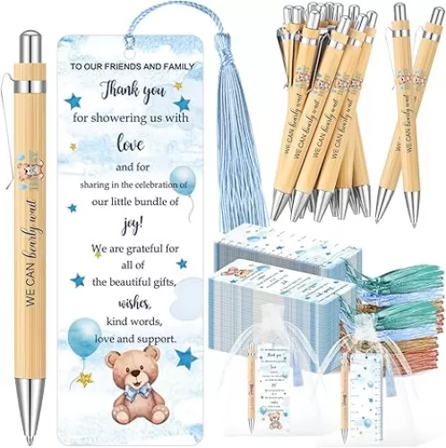 50 Sets Baby Shower Favors for Guests Includes 50 Baby Shower Ballpoint Pens 50 Thank You Bookmarks 50 Organza Bags for Gender Reveal Gifts Guest Prizes(Bear, Blue)