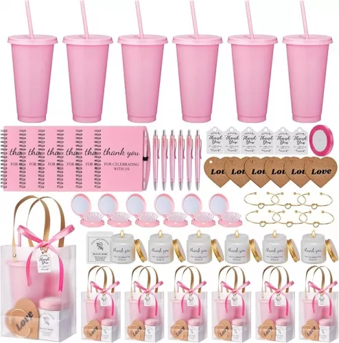 50Pcs Baby Shower Prizes for Game Winners Baby Shower Favors Gifts including Plastic Tumbler Notebook Scented Candles Ballpoint Pen Mirrors with Hair Brushes Bracelet Gift Bag (Pink)