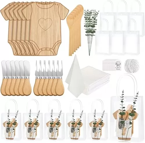 55Pcs Baby Shower Prizes for Game Winners 6 Sets Bamboo Cheese Board Spoon Fork Butter Spreaders Plaid Towel Thank You Card and Gift Bags for Baby Shower Wedding Bridal Shower Favors