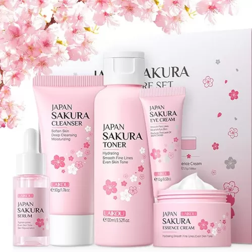 5Pcs Skin Care Set Sakura Women Beauty Gift Sets Korean Skin Care Kit with Cleanser, Face Serum, Face Cream, Toner, Eye Cream, Mud Mask - Skin Care Routine Kit for Women (Sakura)