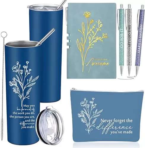 6 Pcs Back to School Gifts Employee Appreciation Gift Thank You May You Be Proud 20 oz Boho Flower Tumbler Makeup Bag A6 Leather Journal Ballpoint Pens Office Gift (Blue)