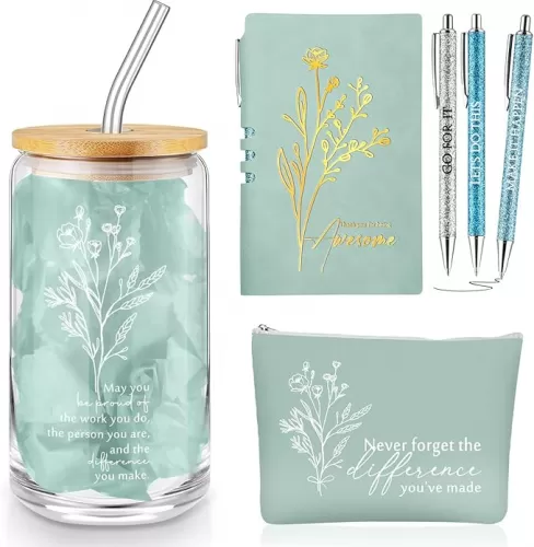6 Pcs Employee Appreciation Gift Set for Women Thank You Gift May You Be Proud 17oz Aesthetic Glass Tumbler Makeup Bag Journal Ballpoint for Teacher Nurse Lady Business