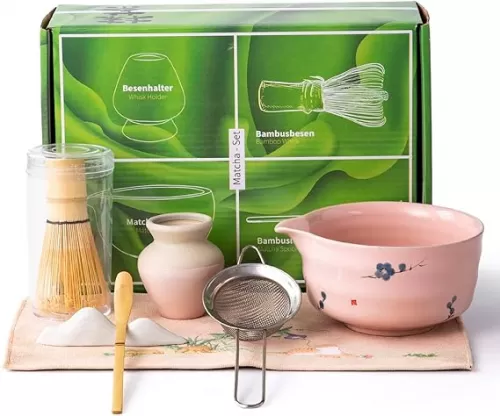 6-piece ceramic matcha tea set, including matcha bowl, matcha whisk and stand, sieve, spoon, cloth mat, gift for matcha lovers (pink)