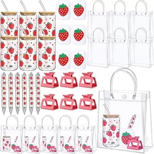 6 Set Baby Shower Game Prizes Sweet Strawberry Themed 17 oz Tumblers with Lids Straws Mirrors Pens Hair Clips Gift Bags for Baby Bridal Shower Wedding Party Favors