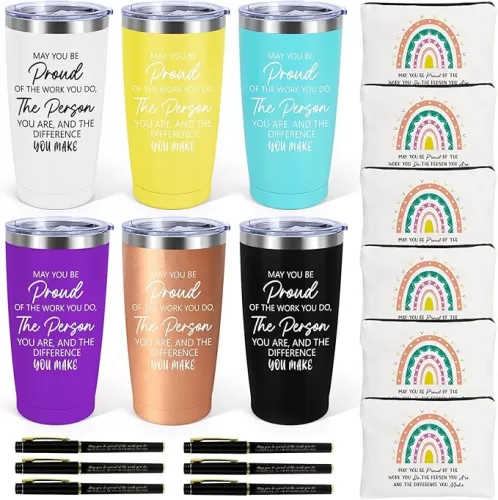 6 Set Employee Appreciation Gifts Bulk, Gift for Coworkers Teachers Nurses, 20 OZ Inspirational Stainless Steel Tumbler Makeup Bags Pen Thank You Gifts For Women Men Team Staffs