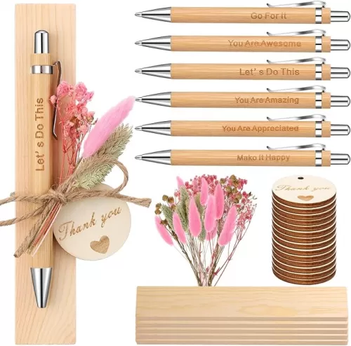 6 Set Teacher Appreciation Pens Gifts Inspirational Bamboo Ballpoint Pens Thank You Gift Dried Flowers Souvenir Wood Card for Employee Graduation Teacher Retirement Back to School Gifts