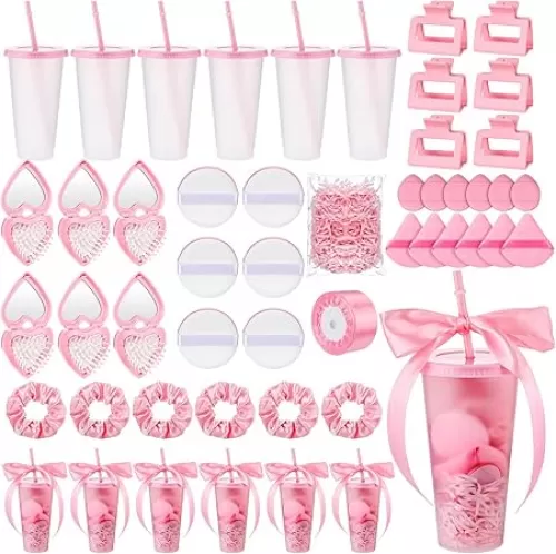 6 Sets Baby Shower Game Gifts for Players Baby Shower Favors Tumbler Hair Comb Powder Puff Hair Claw Gift Bag Thanks Tags for Wedding Bridal Favors Party Guests