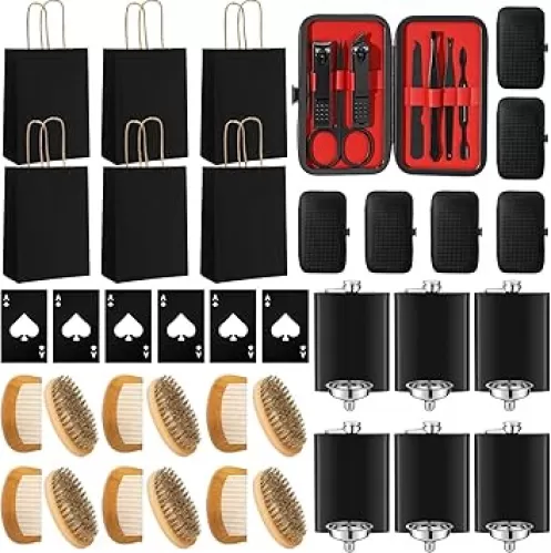 6 Sets Baby Shower Game Prizes for Men, Include 8 oz Stainless Steel Hip Flask with Flask Funnels, Manicure Kit, Bottle Opener, Paper Gift Bags, Beard Comb, Beard Brush for Baby Shower Favors