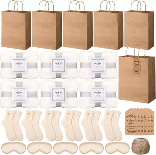 6 Sets Baby Shower Game Prizes for Winners, 50 * 60 Inch Blanket, Blindfold, White Fuzzy Socks, Gift Bags and Tags with Hemp Rope for Baby Shower Bridal Birthday Party(White)