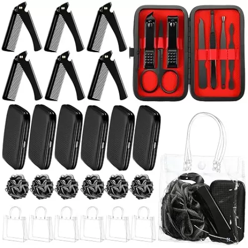 6 Sets Baby Shower Game Prizes for Winners Include Men Manicure Set Clear Tote Bag Beard Comb Black Bath Loofah Sponges Baby Shower Favors Gifts for Guests Husband Father Bridal Party